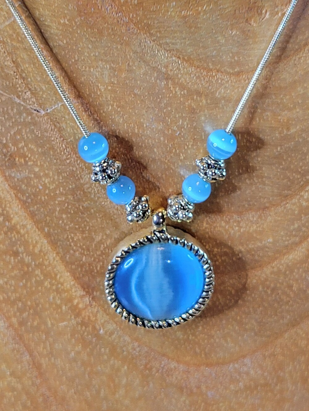 Aqua Cats Eye Beaded Pendant with Gold Tone Serpentine Chain Lobster Claw Clasp